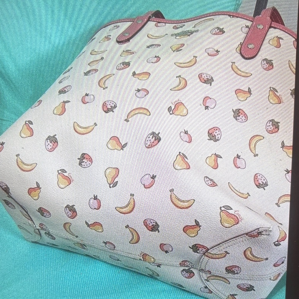 Coach Reversible City Peony Pink Trim White Fruit-Print Leather Tote - Picture 7 of 8